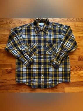 NWOT 1970s Brent Montgomery Ward Yellow Plaid Retro Workwear Flannel Shirt L